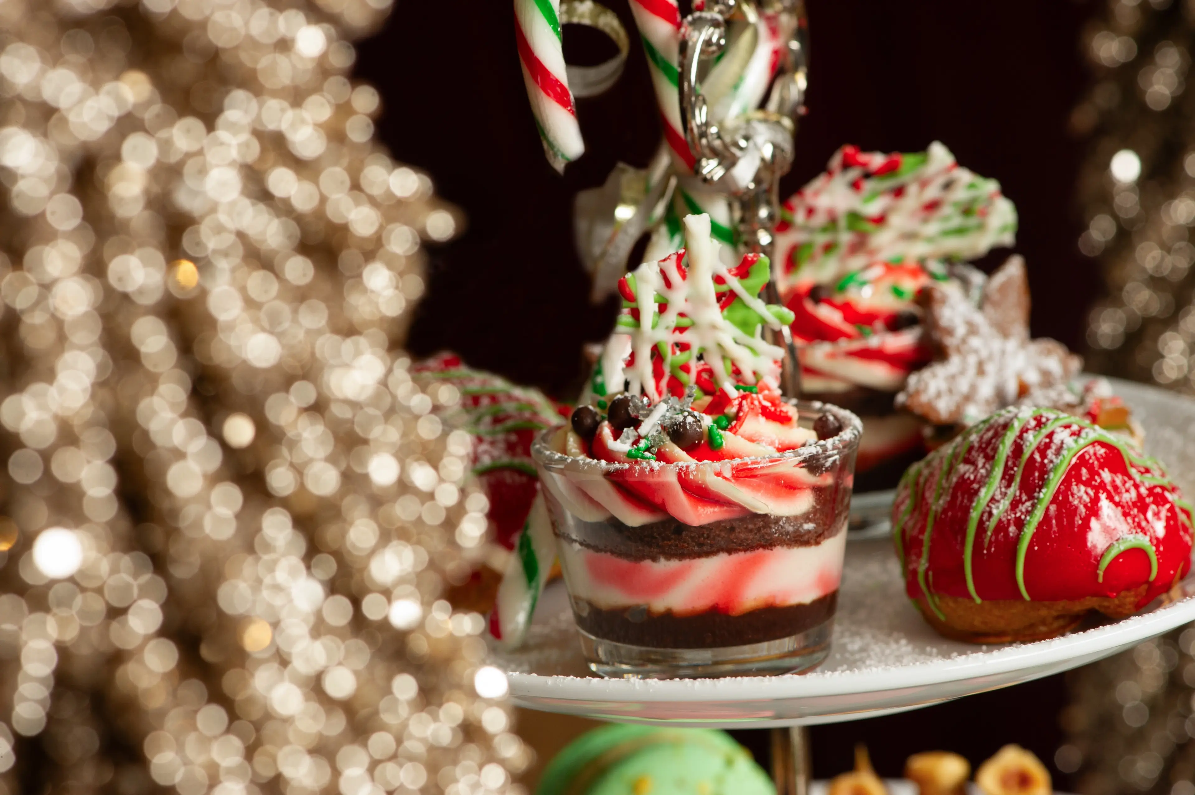A close up of winter themeed desserts served at afternoon tea at Bacchus