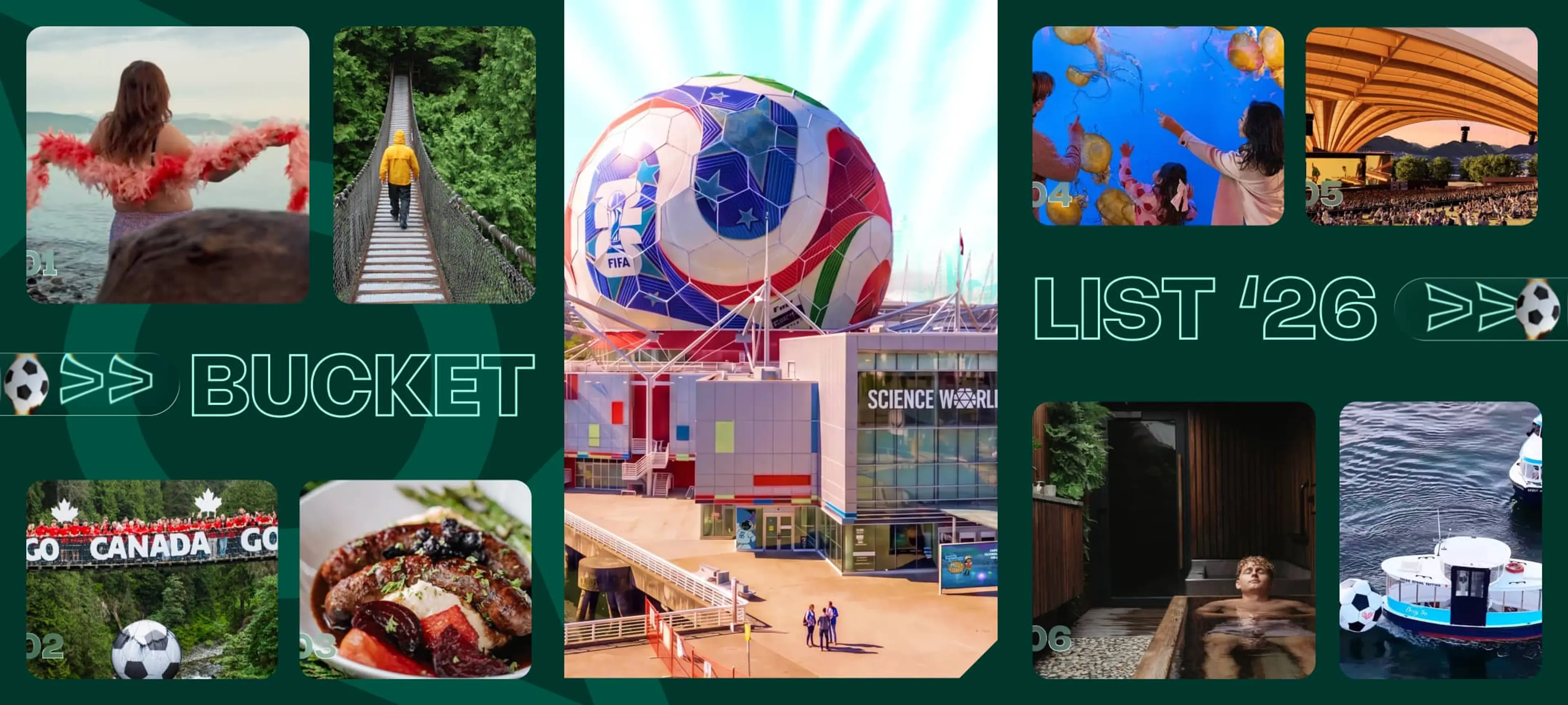 Vancouver bucketlist collage woman with feather boa, jellyfish aquarium, Canada soccer sign, poutine, soccer ball, stadium, person in bath, and boat on water.