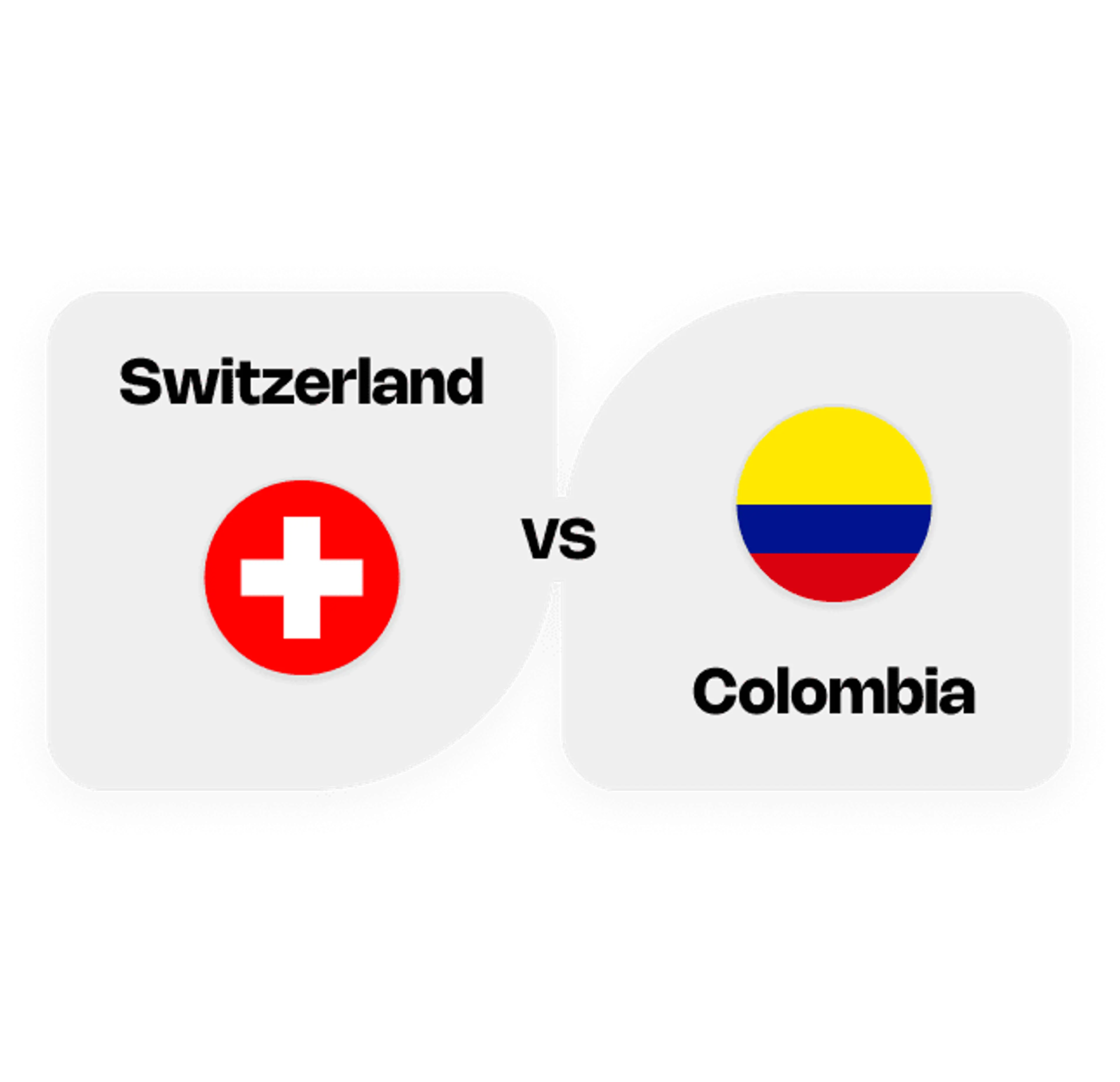 Switzerland flag with white cross on red circle versus Colombia flag with yellow, blue, and red horizontal stripes.