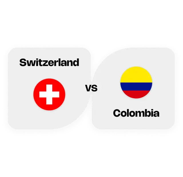 Switzerland flag with white cross on red circle versus Colombia flag with yellow, blue, and red horizontal stripes.