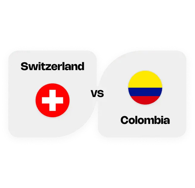 Switzerland flag with white cross on red circle versus Colombia flag with yellow, blue, and red horizontal stripes.