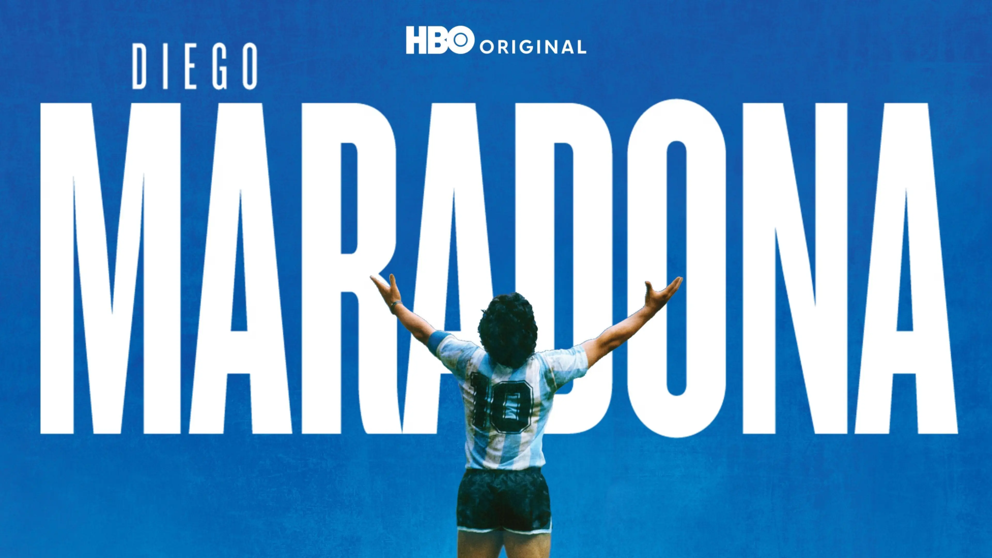 Person wearing a blue and white striped soccer jersey with number 10, arms raised, in front of large text reading Diego Maradona on a blue background.