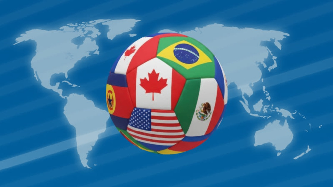 Soccer ball with flags of various countries including Canada, Brazil, USA, and Mexico, over a blue world map background.