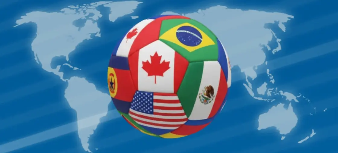 Soccer ball with flags of various countries including Canada, Brazil, USA, and Mexico, over a blue world map background.