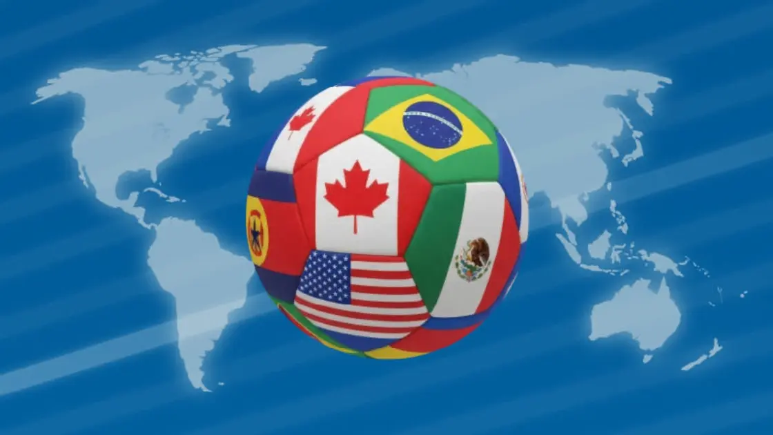 Soccer ball with flags of various countries including Canada, Brazil, USA, and Mexico, over a blue world map background.