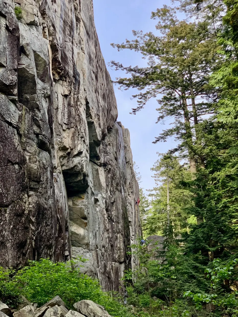 Rock climbers on Petrifying Wall in Murrin Provincial Park