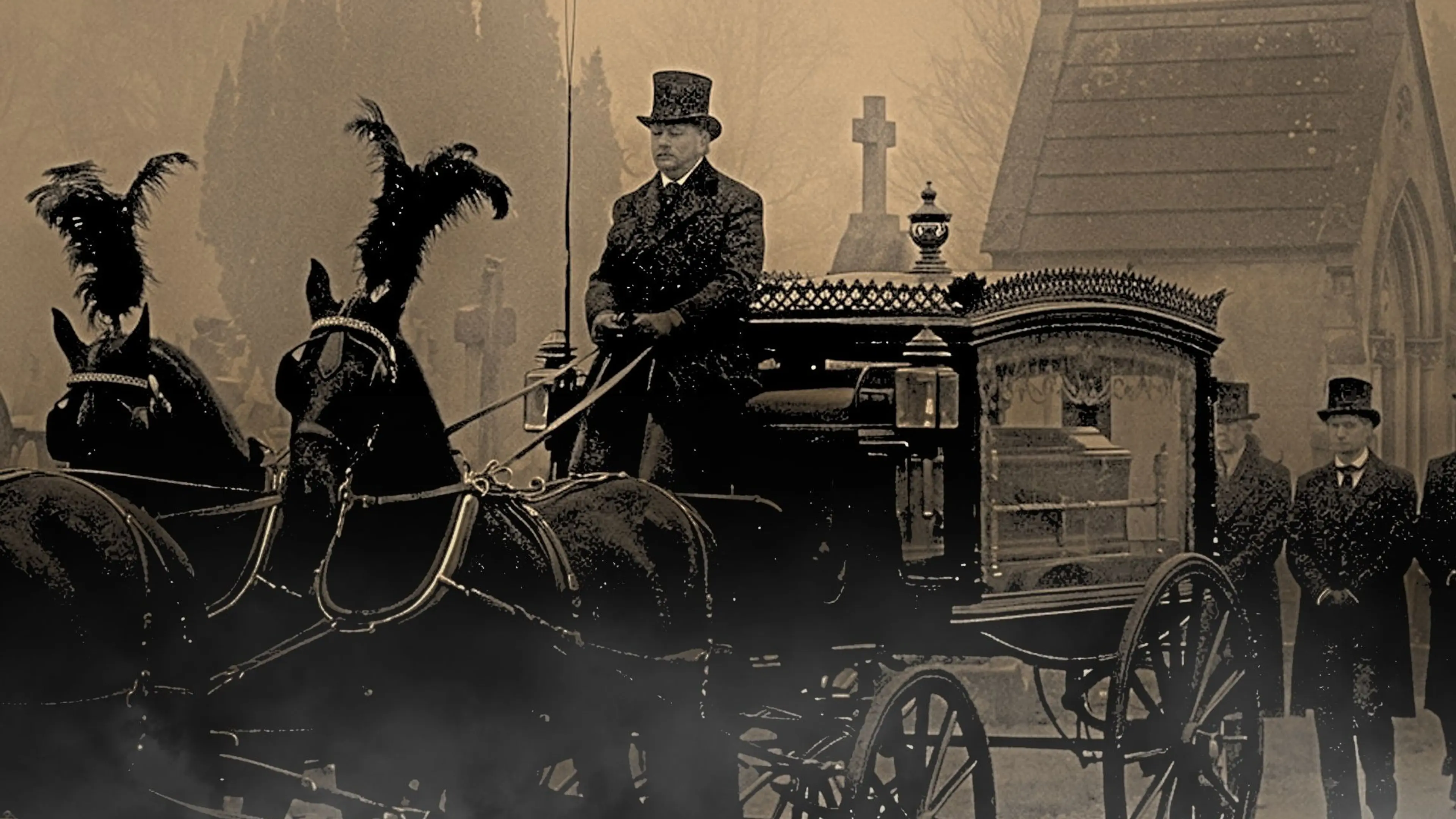 A horse-drawn funeral carriage with two horses and a driver in a top hat, with three people standing nearby in formal attire.