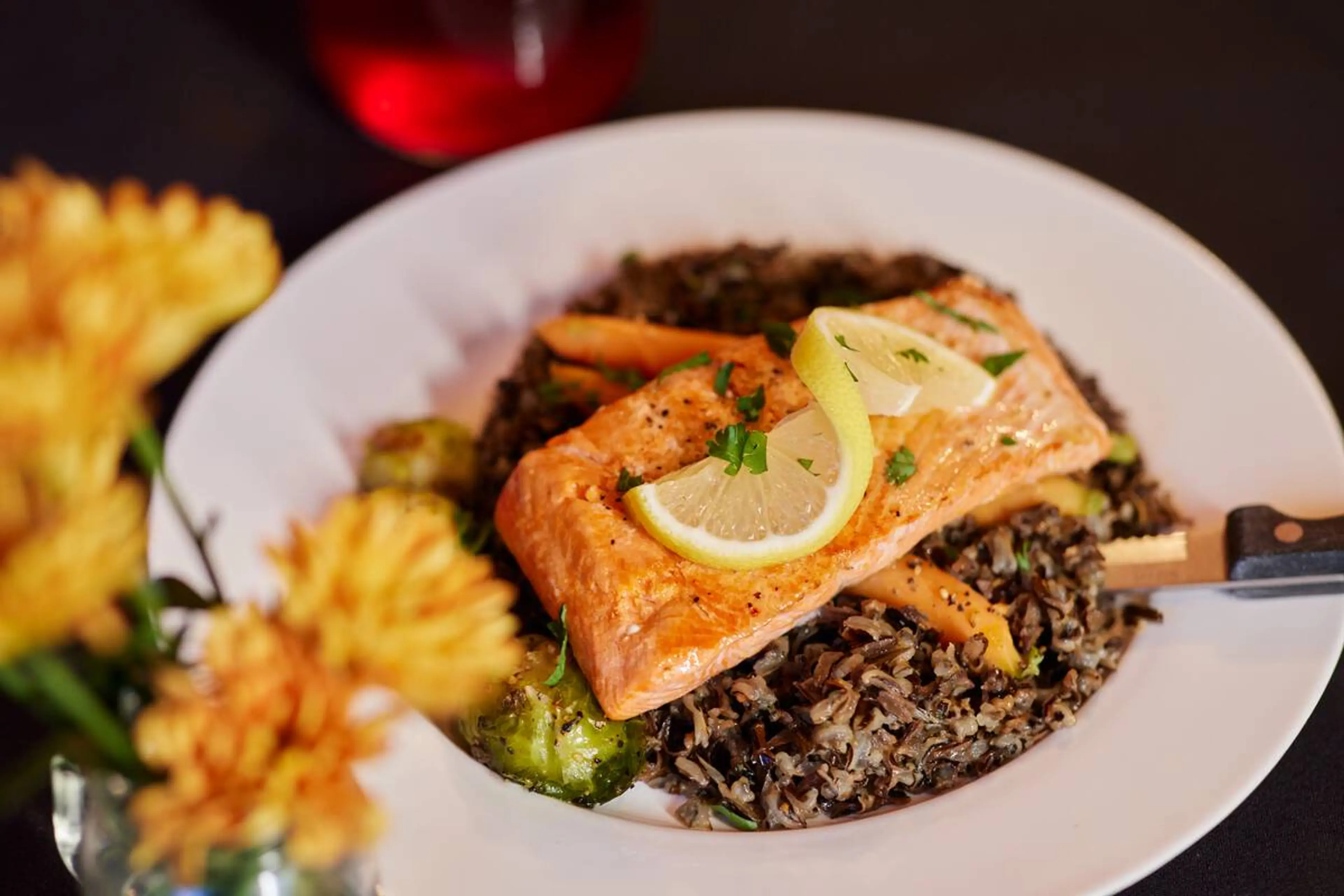 A detailed close shot of a plate of food at Salmon n' Bannock in Vancouver.