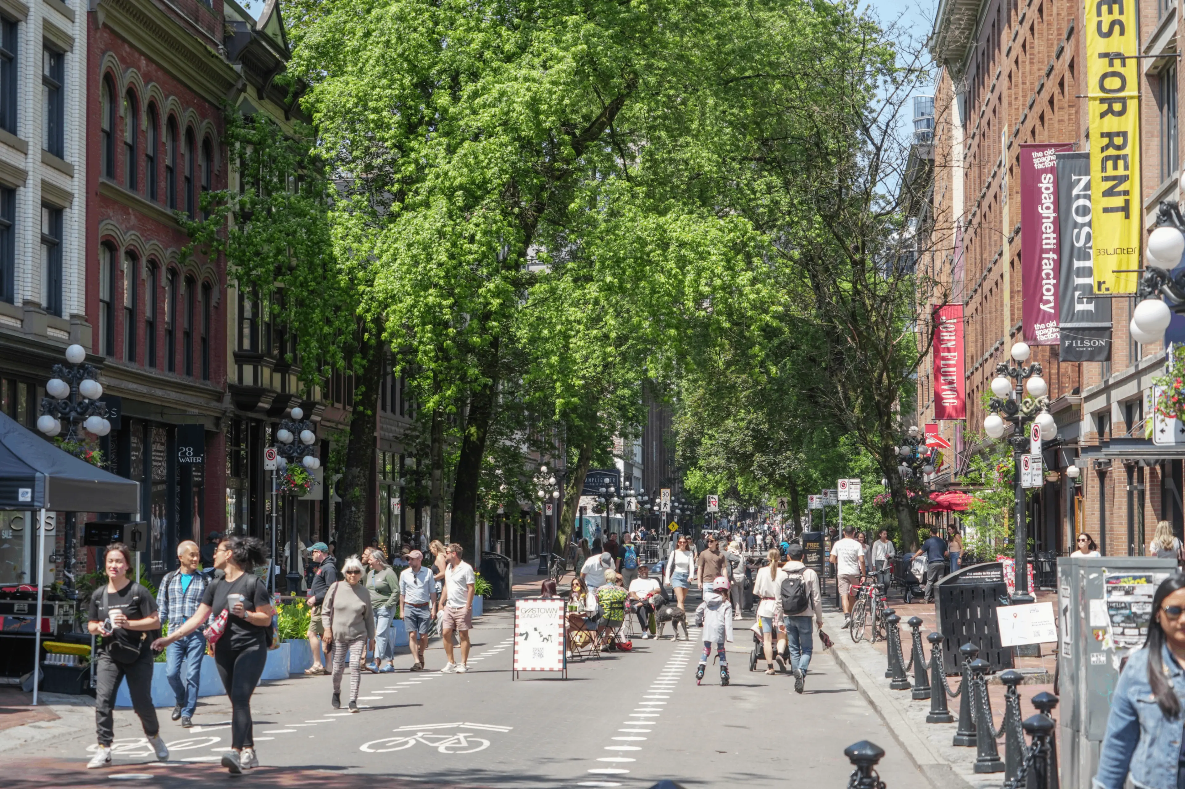 Busy urban street with people walking, biking, and sitting under large green trees on a sunny day.
