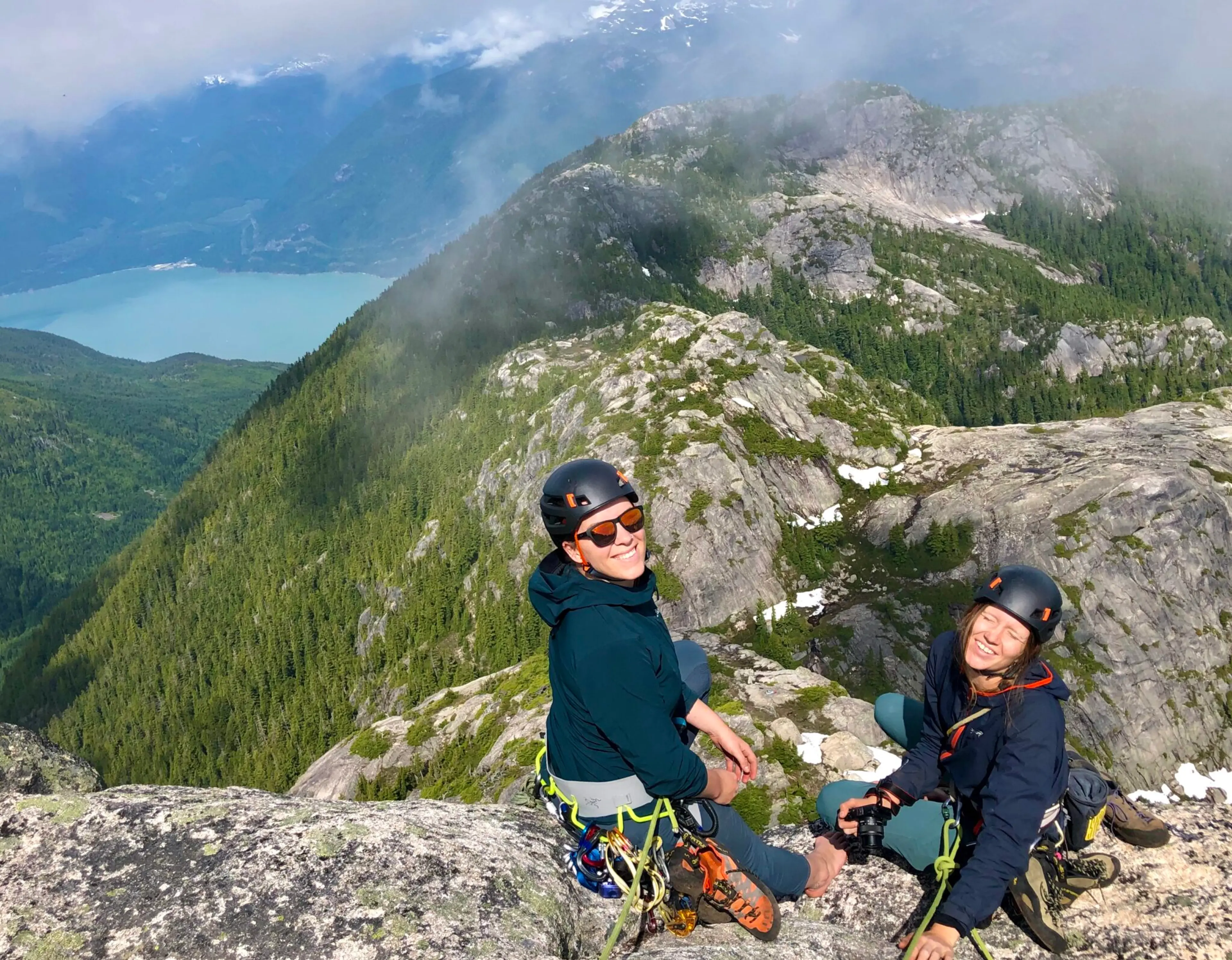 Ally Gandy and Rosie Langford climbing Mount Habrich in Squamish.