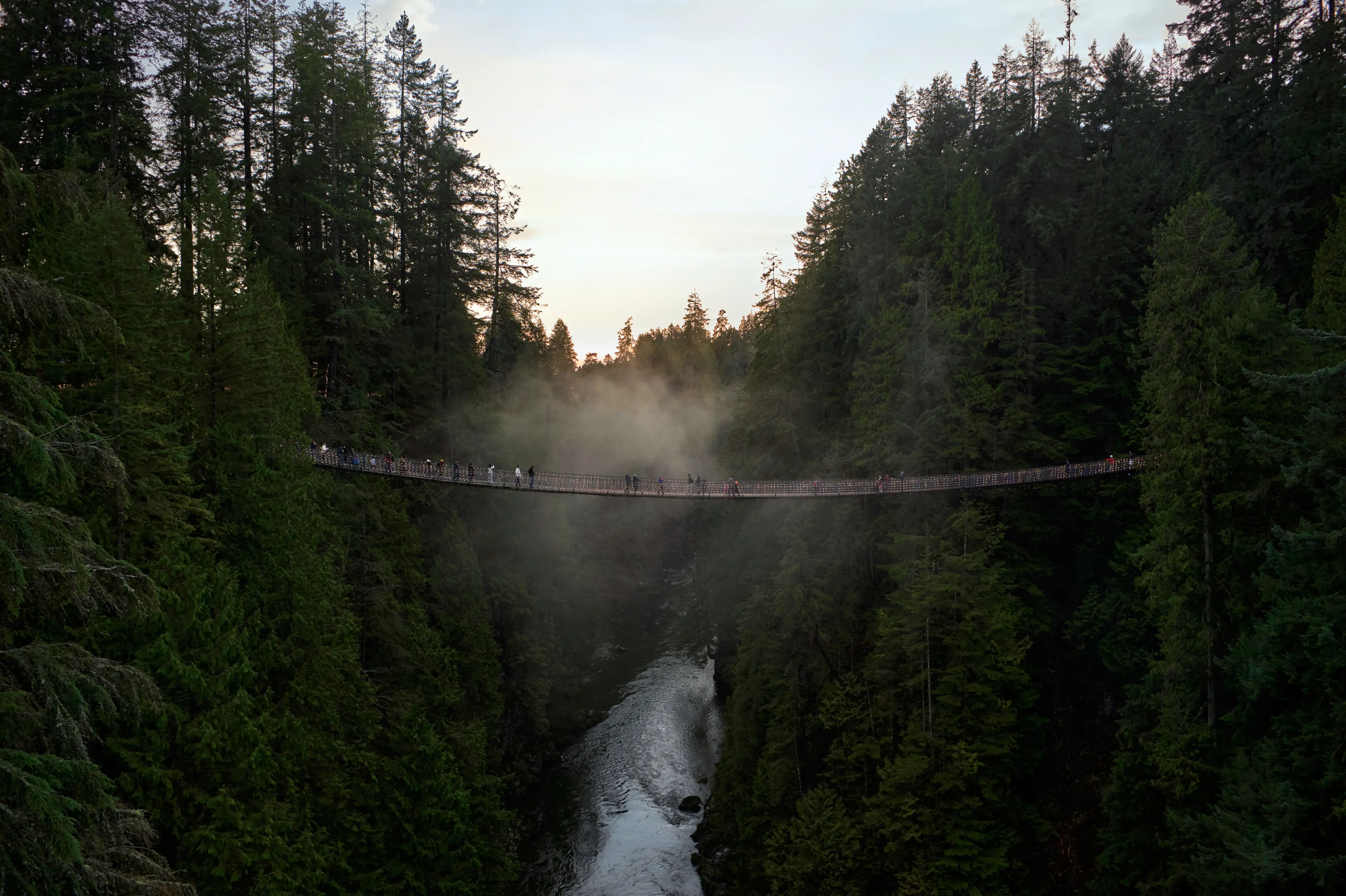 Suspension bridge stretching across a river with mist rising from the water.