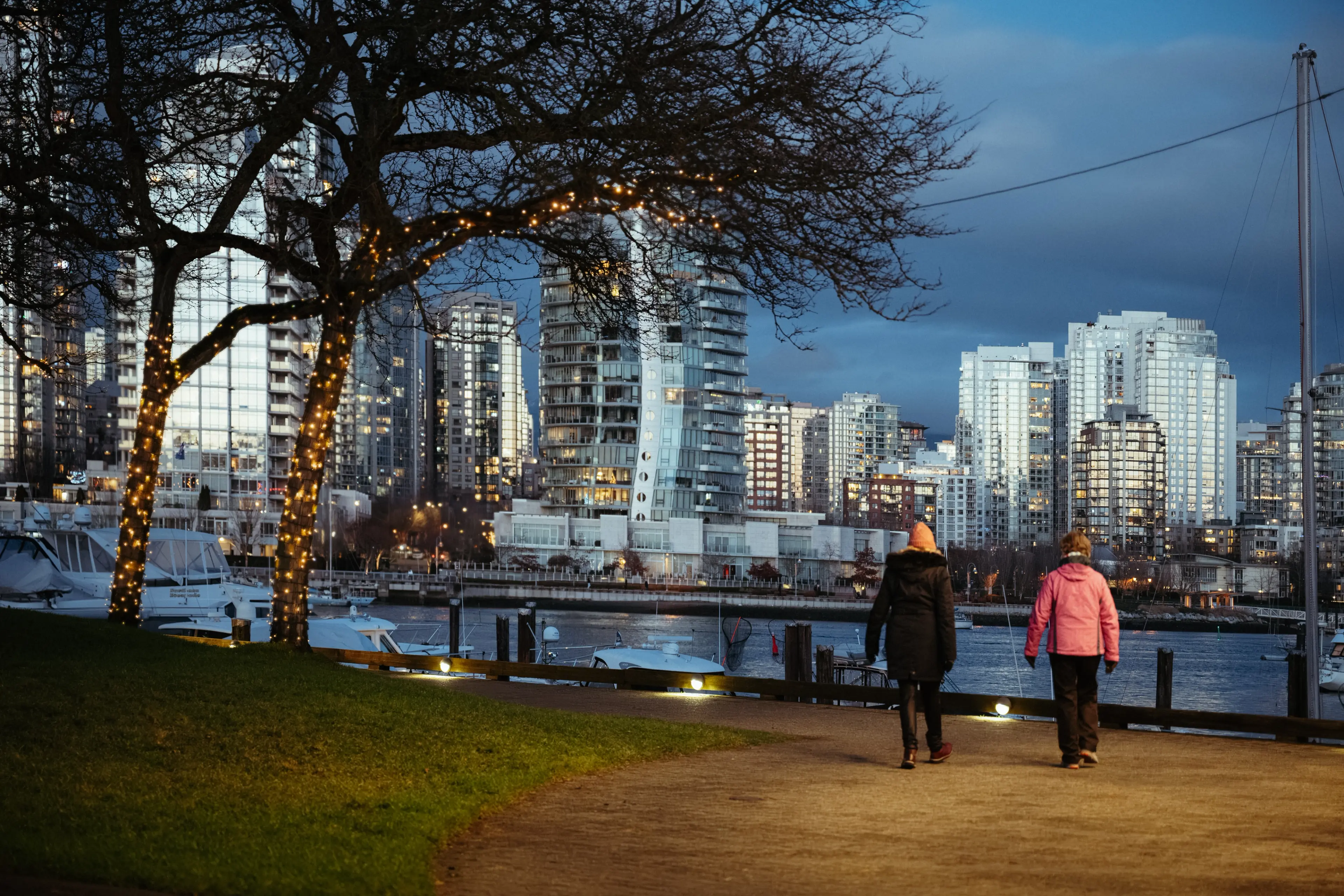 Walks around Granville Island decorated with lights.