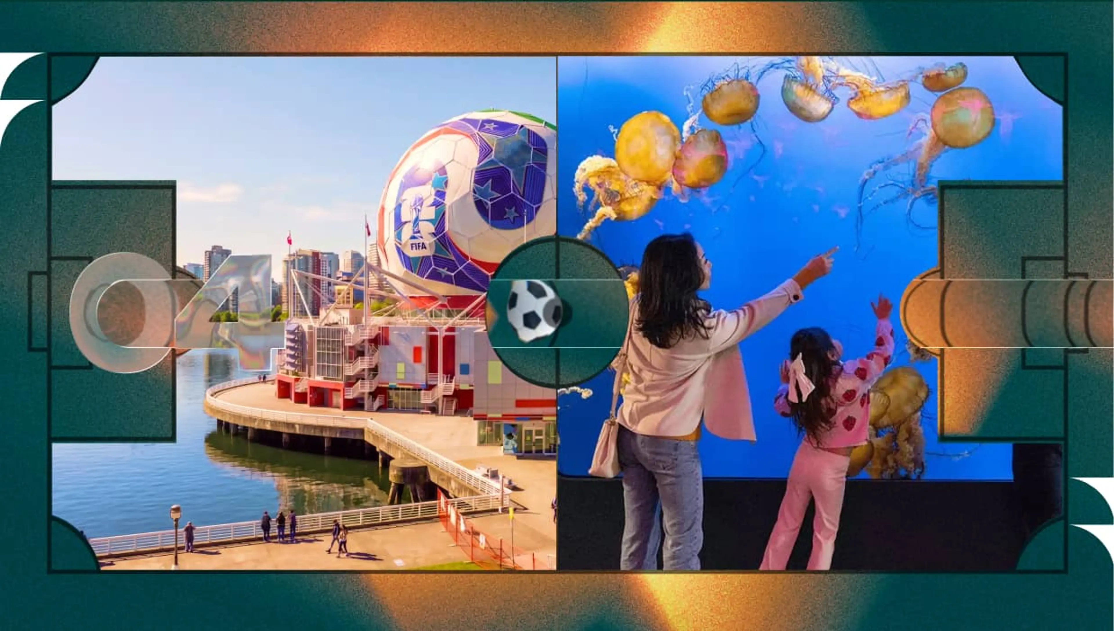 Family of three pointing at yellow jellyfish in a large aquarium with blue background.
