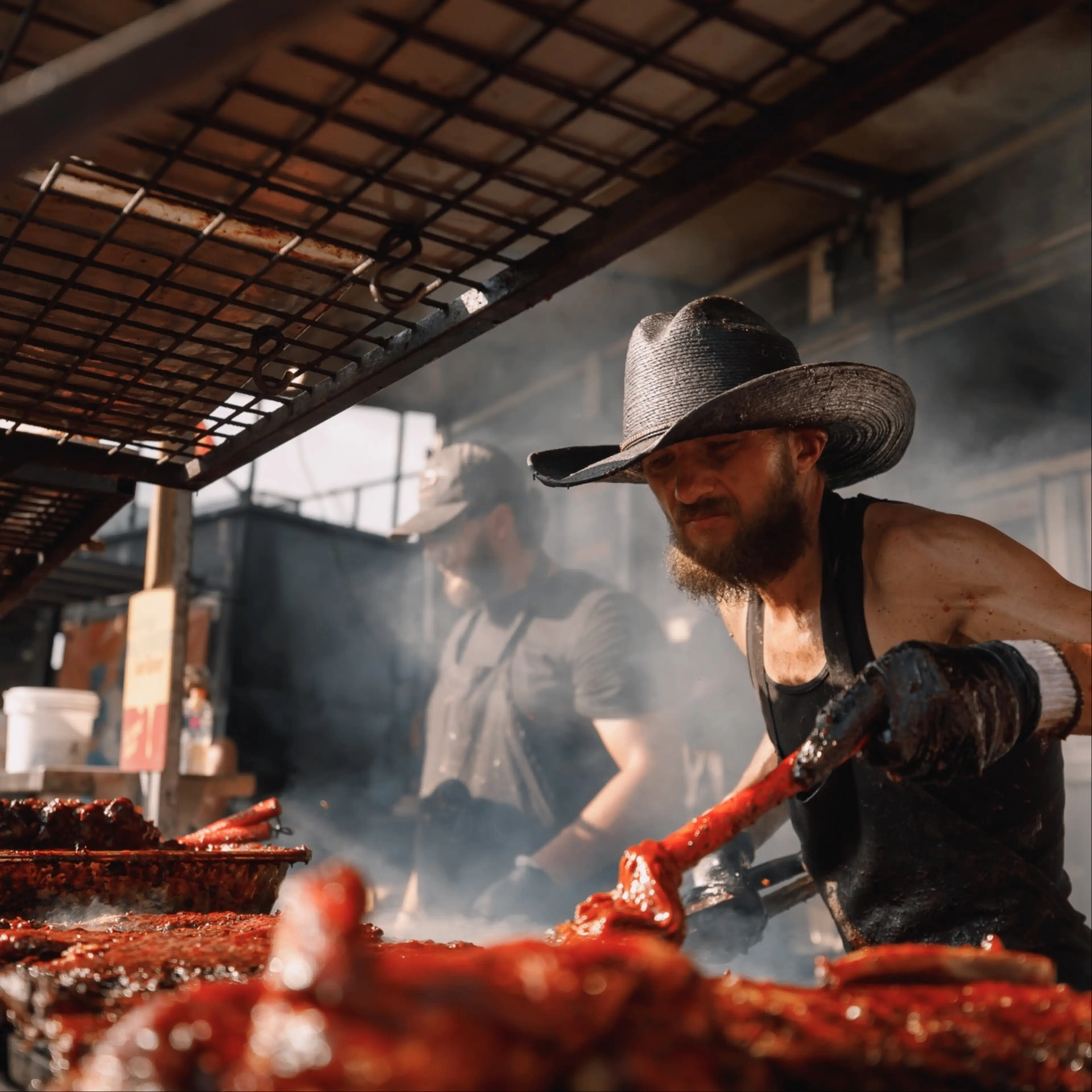 Two people cooking barbecue with smoke around, one wearing a large hat and black apron, handling meat with tongs.