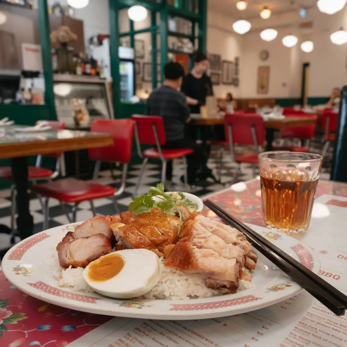 Plate of rice with roasted pork, chicken, half a boiled egg, and herbs, with chopsticks and a glass of tea on a table in a restaurant.