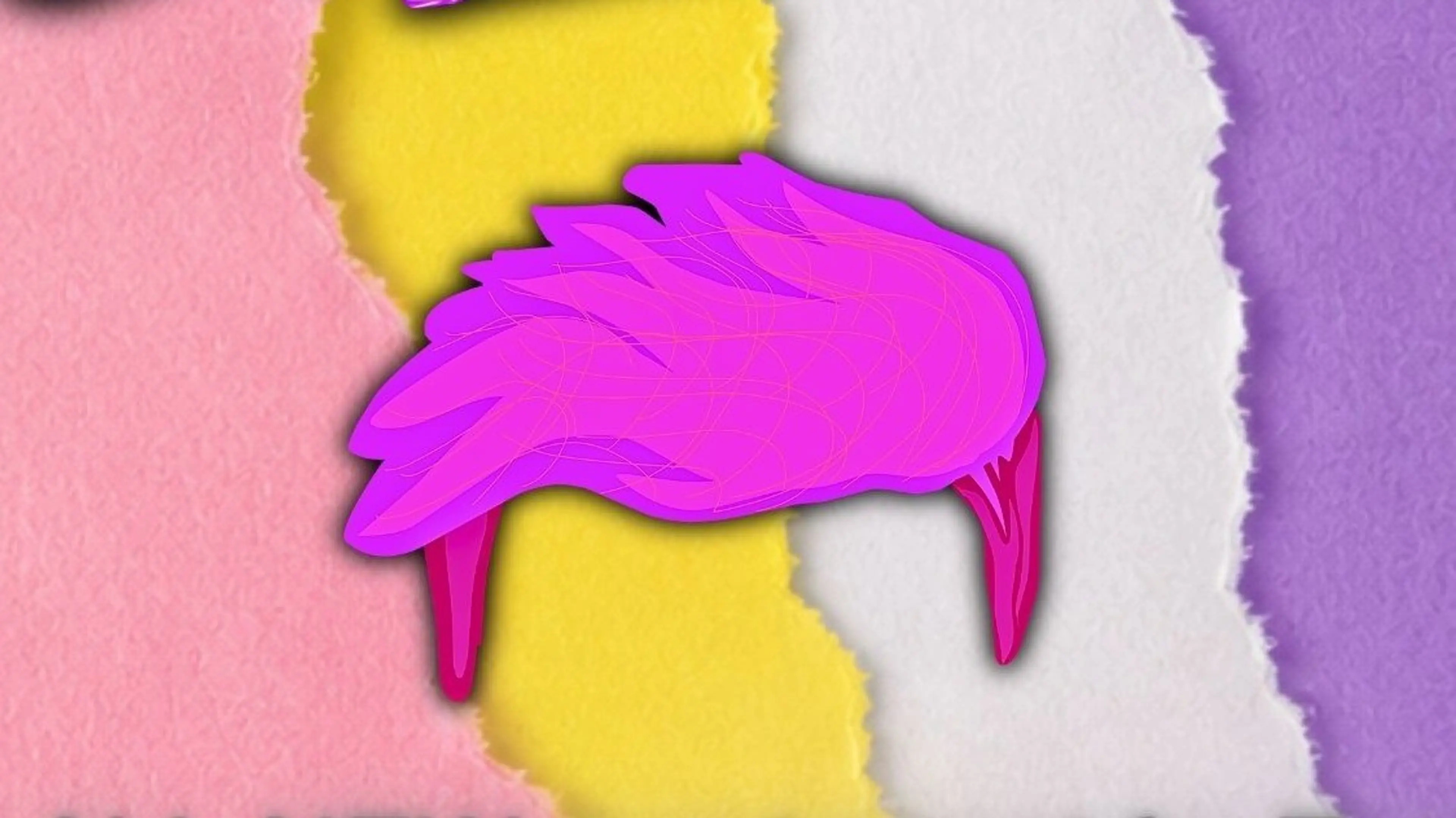 Abstract pink and purple bird illustration over torn paper background in pink, yellow, white, and purple.
