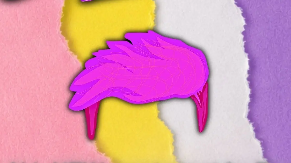 Abstract pink and purple bird illustration over torn paper background in pink, yellow, white, and purple.