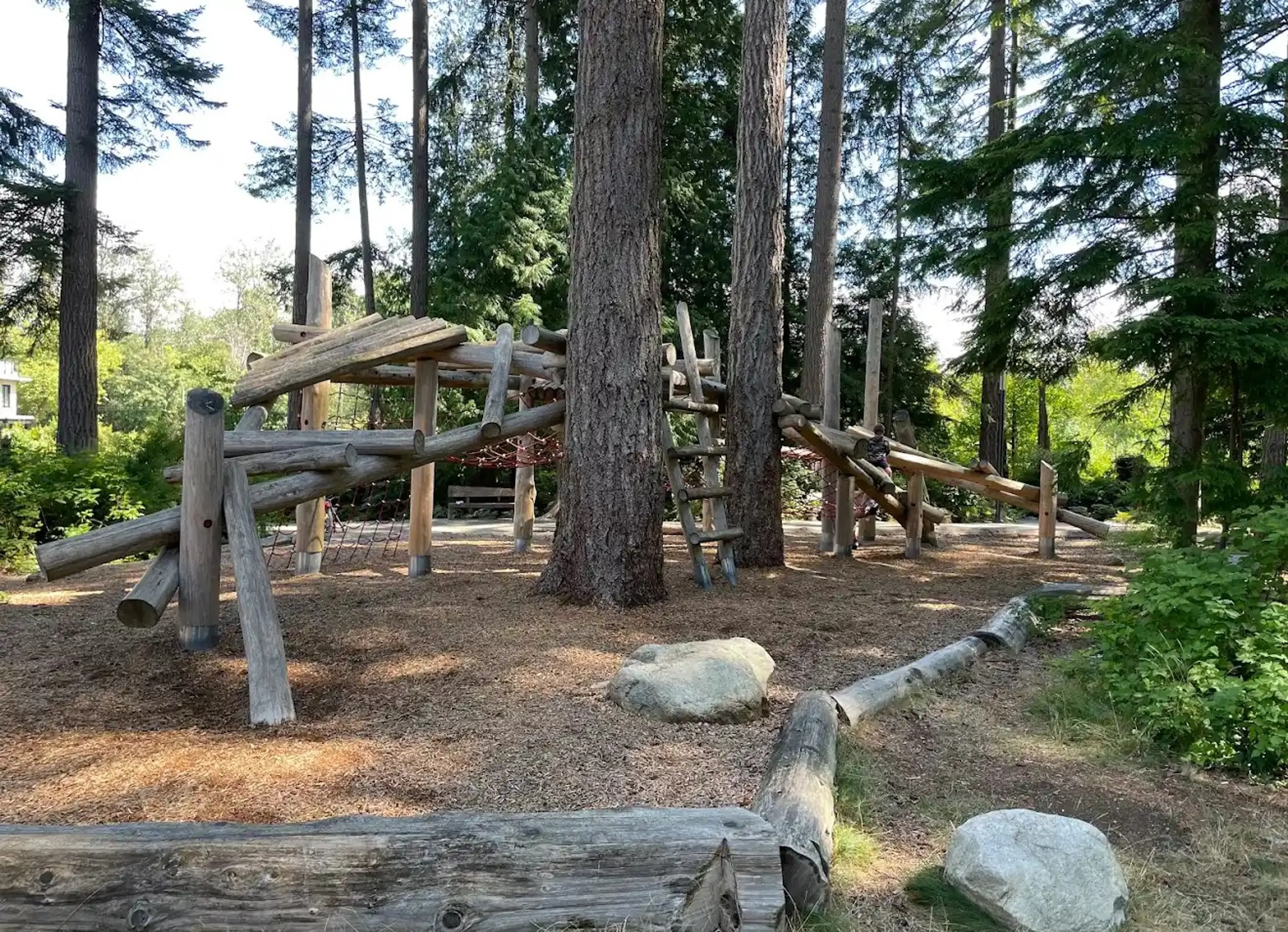 Wooden playground structure with climbing nets and ladders among tall trees in a forested park.