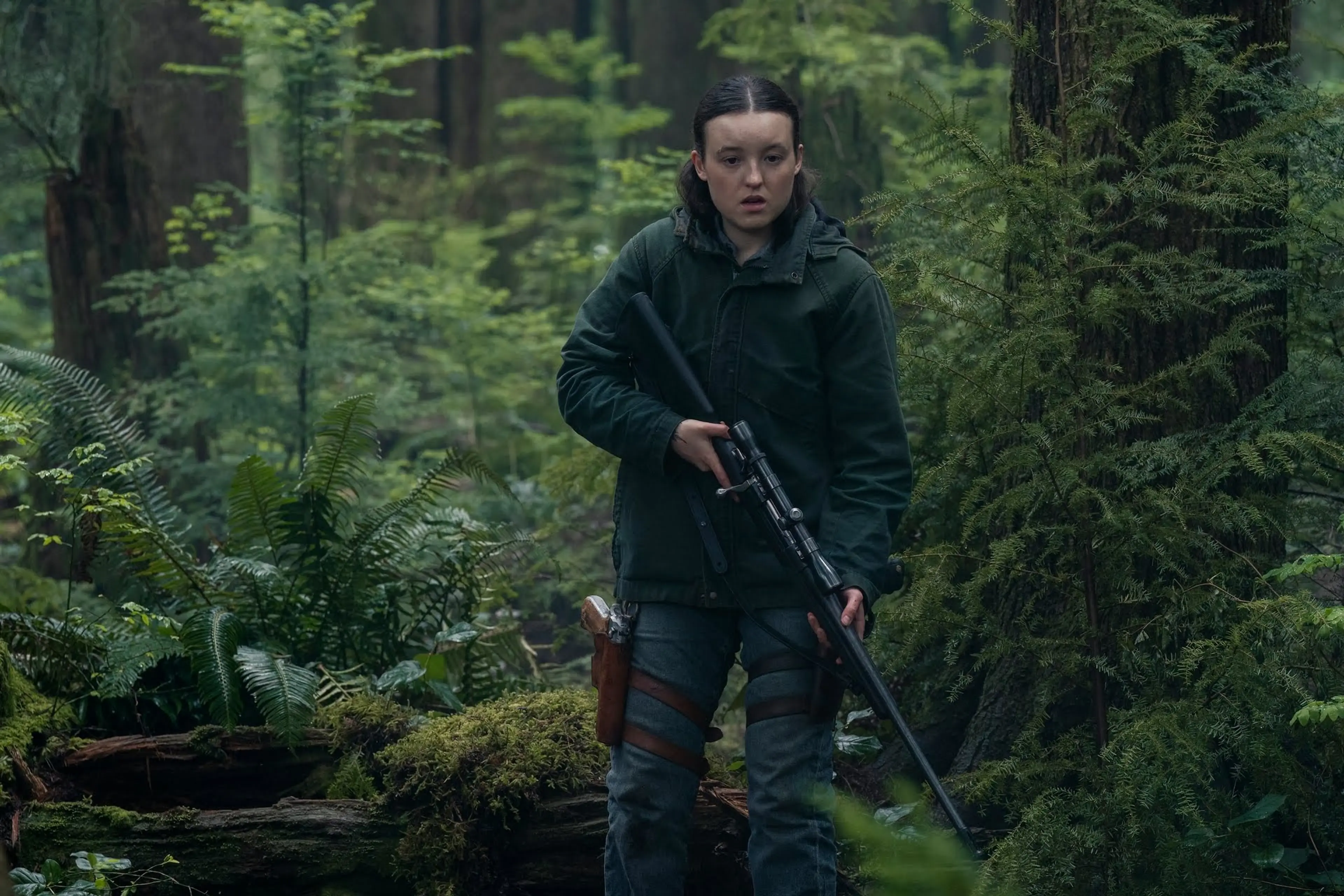 A person in a dark green jacket and gray pants holding a rifle, standing in a dense forest with ferns and tall trees.