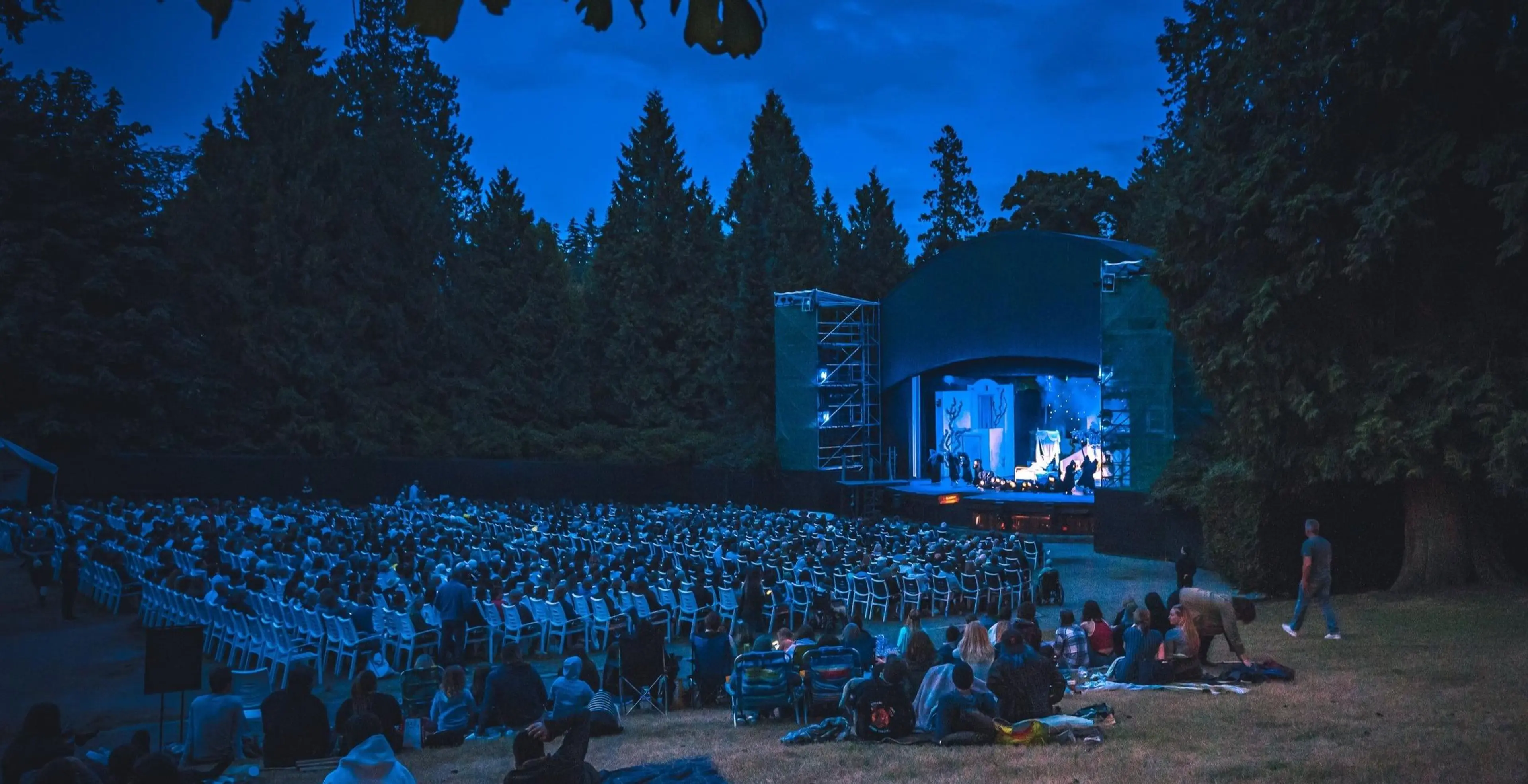 Theatre under the stars vancouver event, outdoor nighttime concert with a large audience seated on chairs and blankets facing a lit stage surrounded by tall trees.