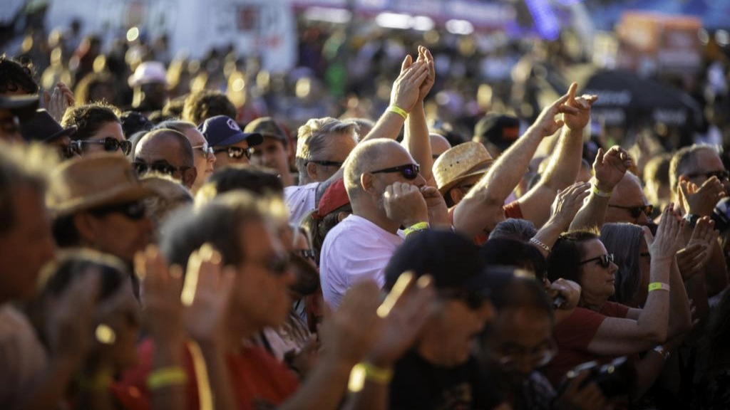 Crowd of people wearing sunglasses and wristbands, raising hands and clapping at an outdoor event.