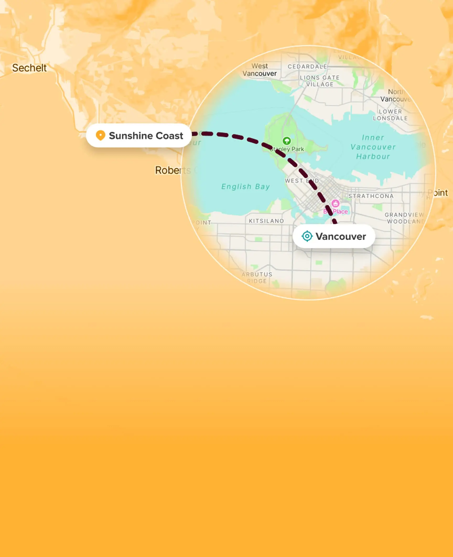Map showing route from Vancouver to Sunshine Coast with photo of boats docked at Sunshine Coast.