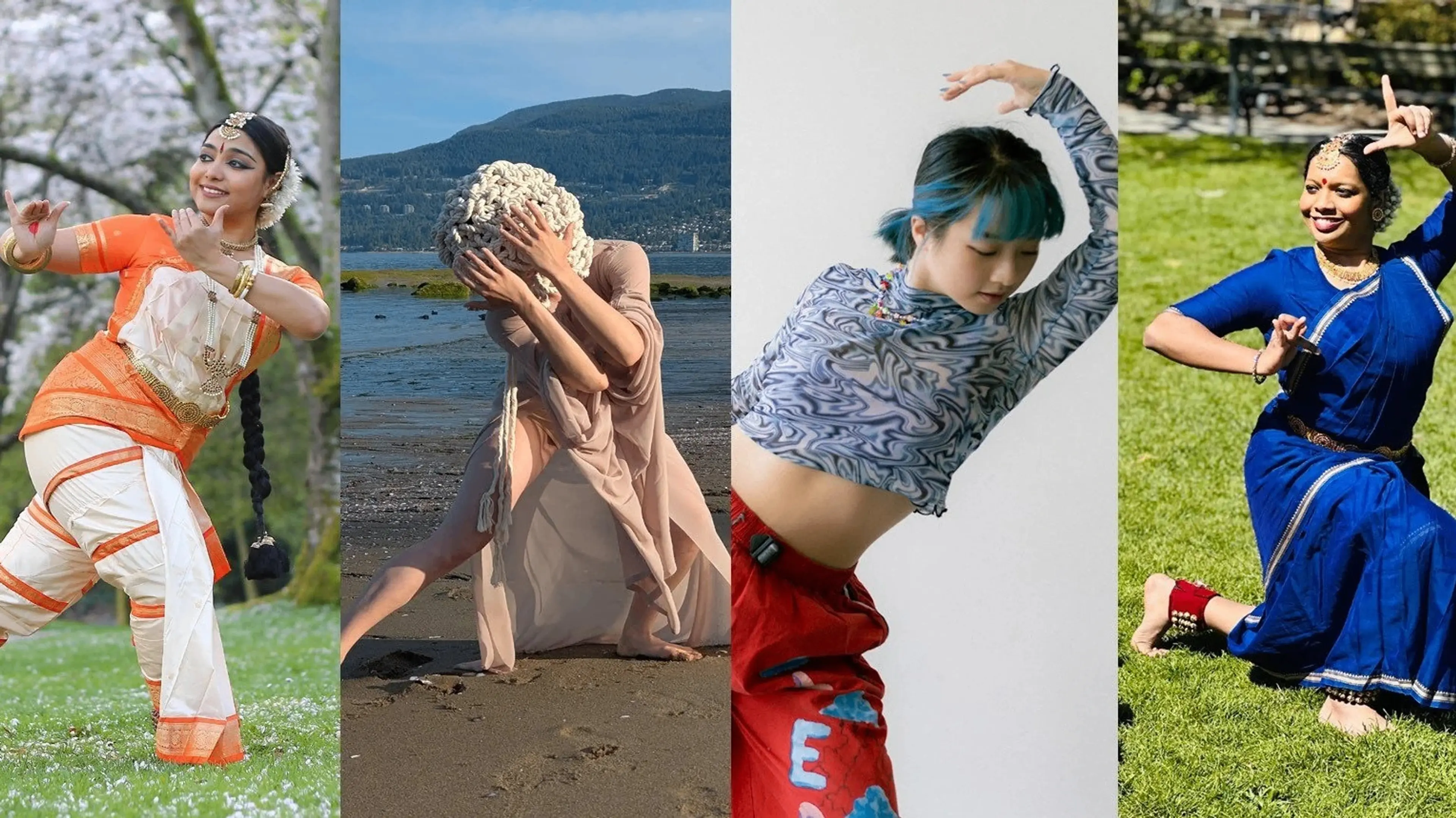 Four people performing different dance styles: classical Indian dance in orange and white, contemporary dance on a beach, modern dance in red pants and patterned top, and classical Indian dance in blue on grass.