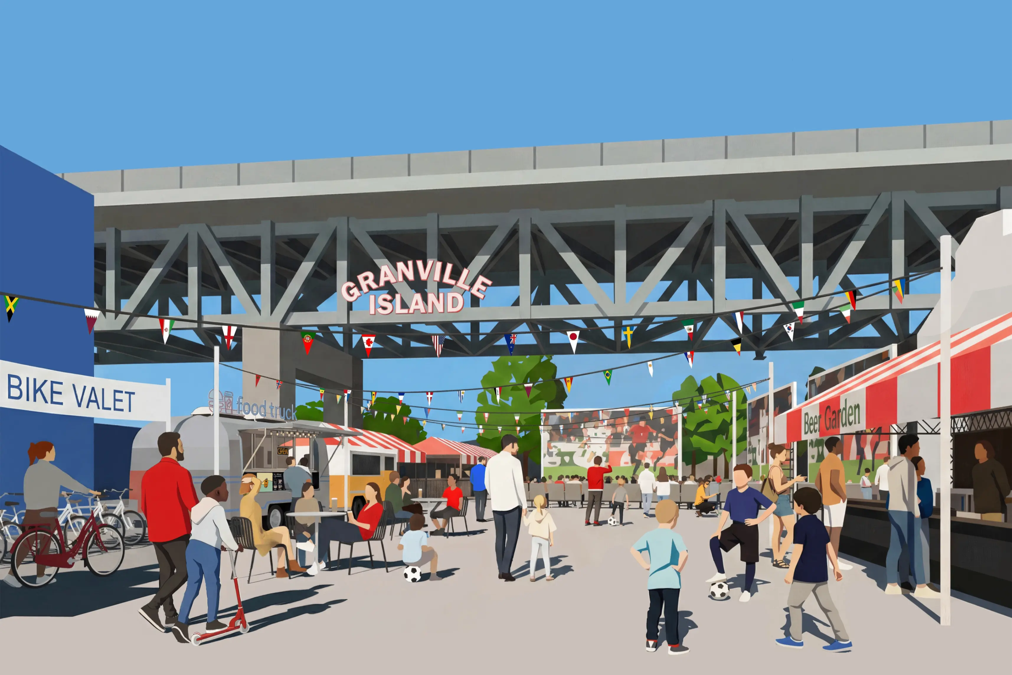 People at Granville Island under a bridge with food trucks, a beer garden, and a bike valet on a sunny day.