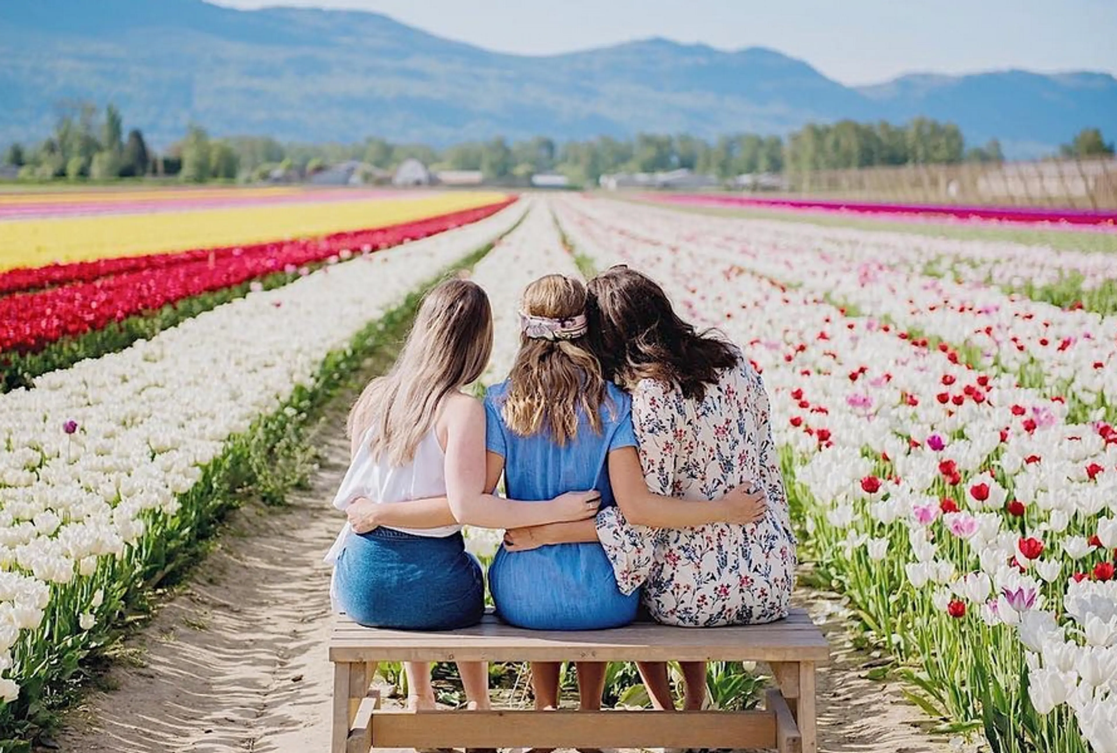 Three woman pose on a bench at the Chilliwack Tulip Festival