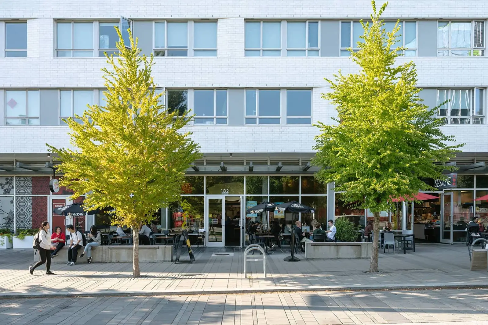 Two leafy trees in front of a building with outdoor seating where people are sitting and walking on the sidewalk.