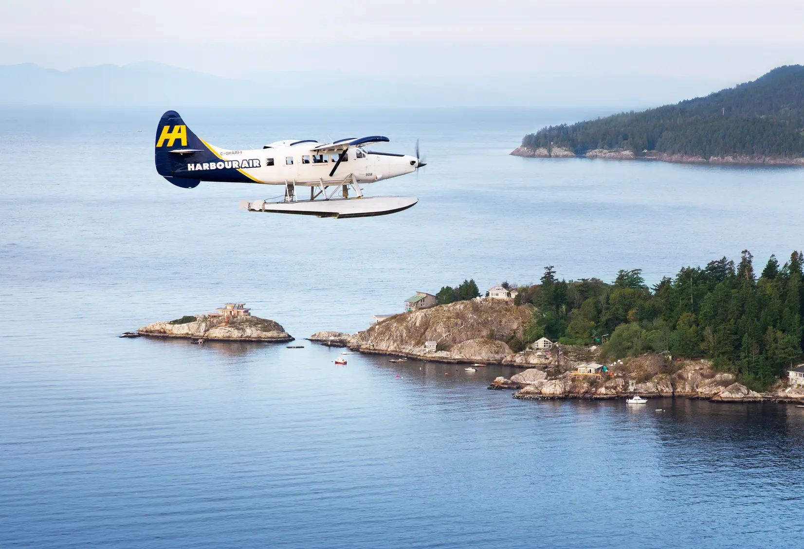 Seaplane flying over Howe Sound
