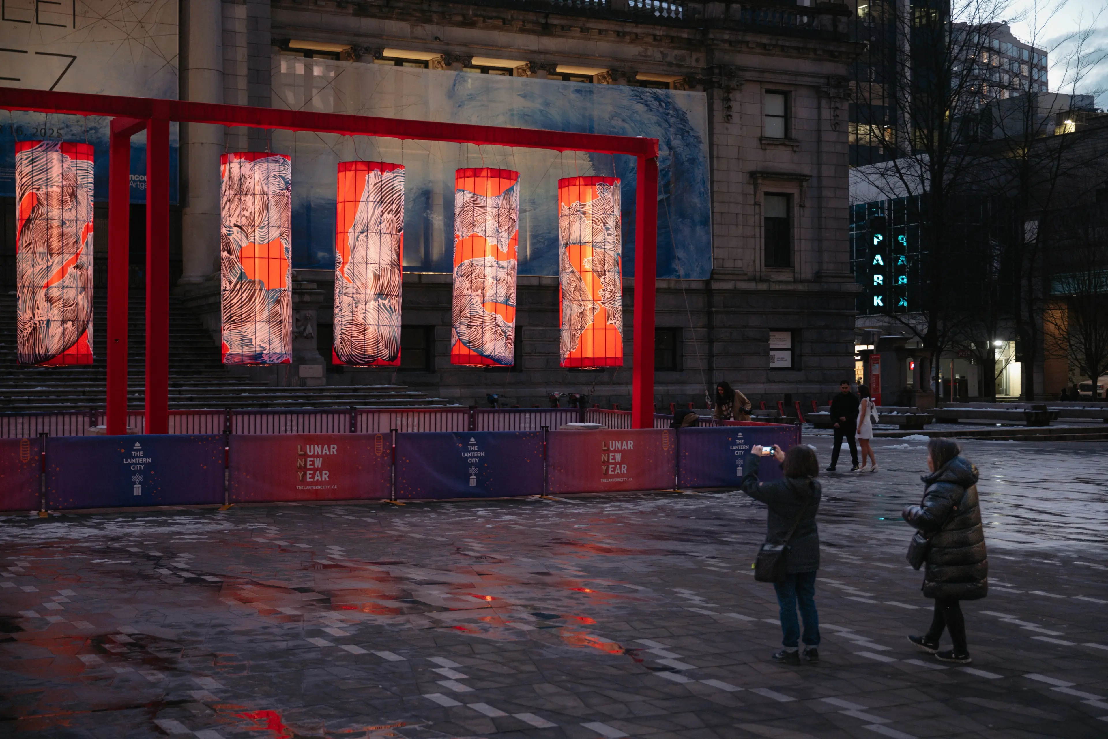 Light installations and lanterns in downtown Vancouver at Robson Square during the Lantern City event.