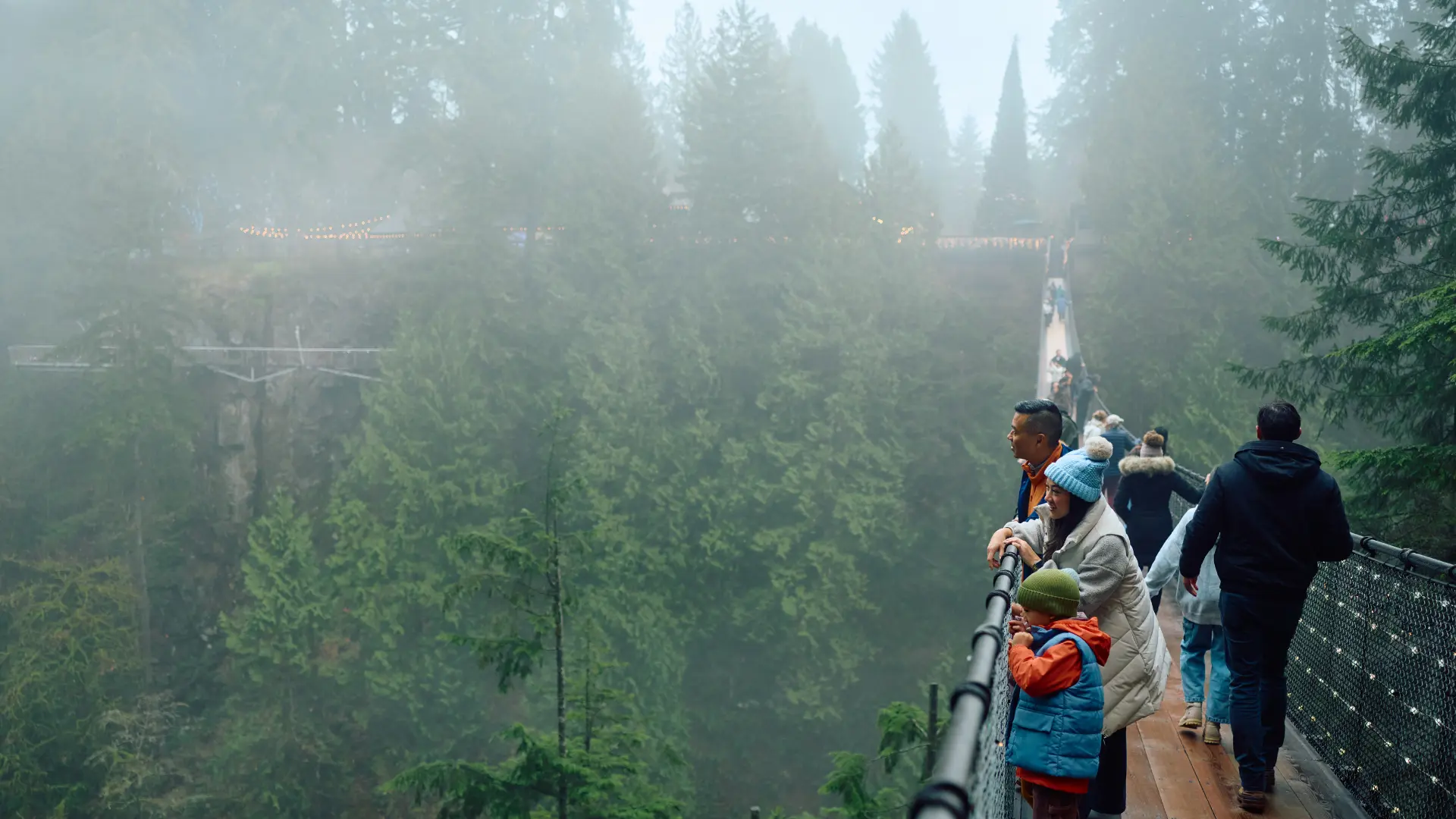 People standing and walking on a foggy suspension bridge surrounded by tall evergreen trees.