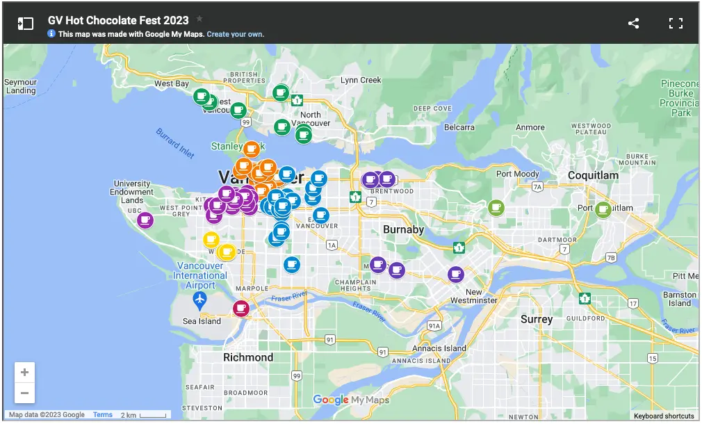 Map of businesses participating in the 2023 Vancouver Hot Chocolate Festival