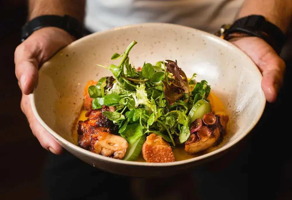 Hands holding a bowl with grilled octopus, mixed greens, cucumber slices, and a fresh sauce at Fable Kitchen in Vancouver.