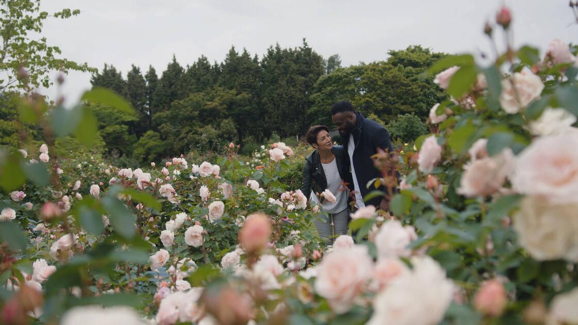Two people enjoy the rose garden at Queen Elizabeth Park.