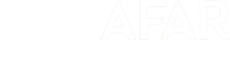 White text spelling AFAR on a transparent background