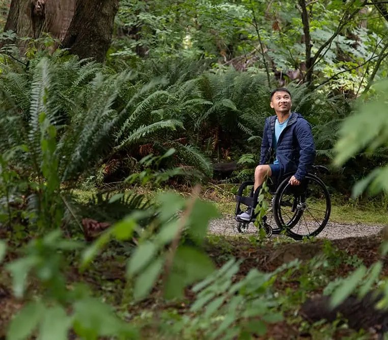 Person in a wheelchair on a forest trail surrounded by green ferns and trees, looking up and smiling.