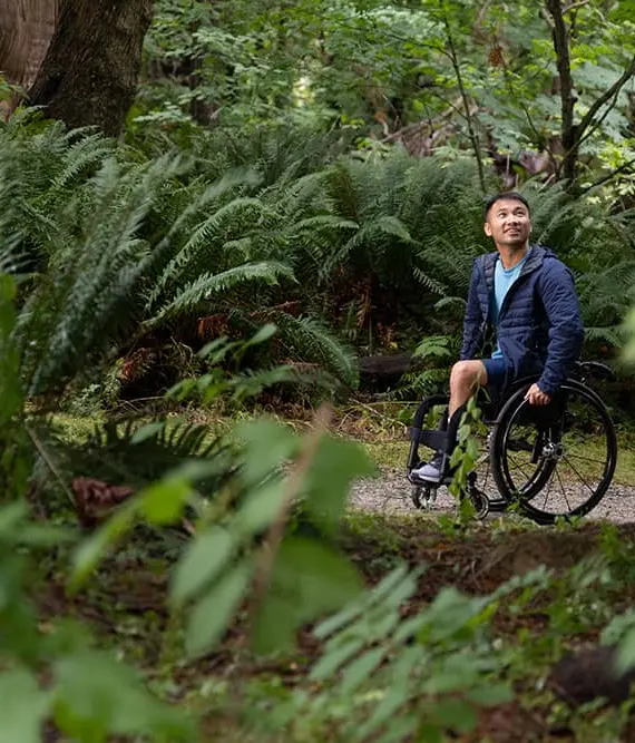 Person in a wheelchair on a forest trail surrounded by green ferns and trees, looking up and smiling.
