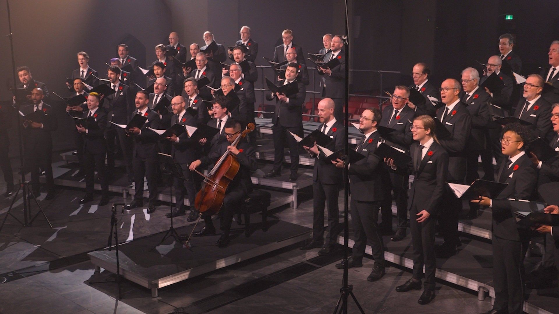 Large choir of people in black suits with red poppies singing on stage with one person playing cello.