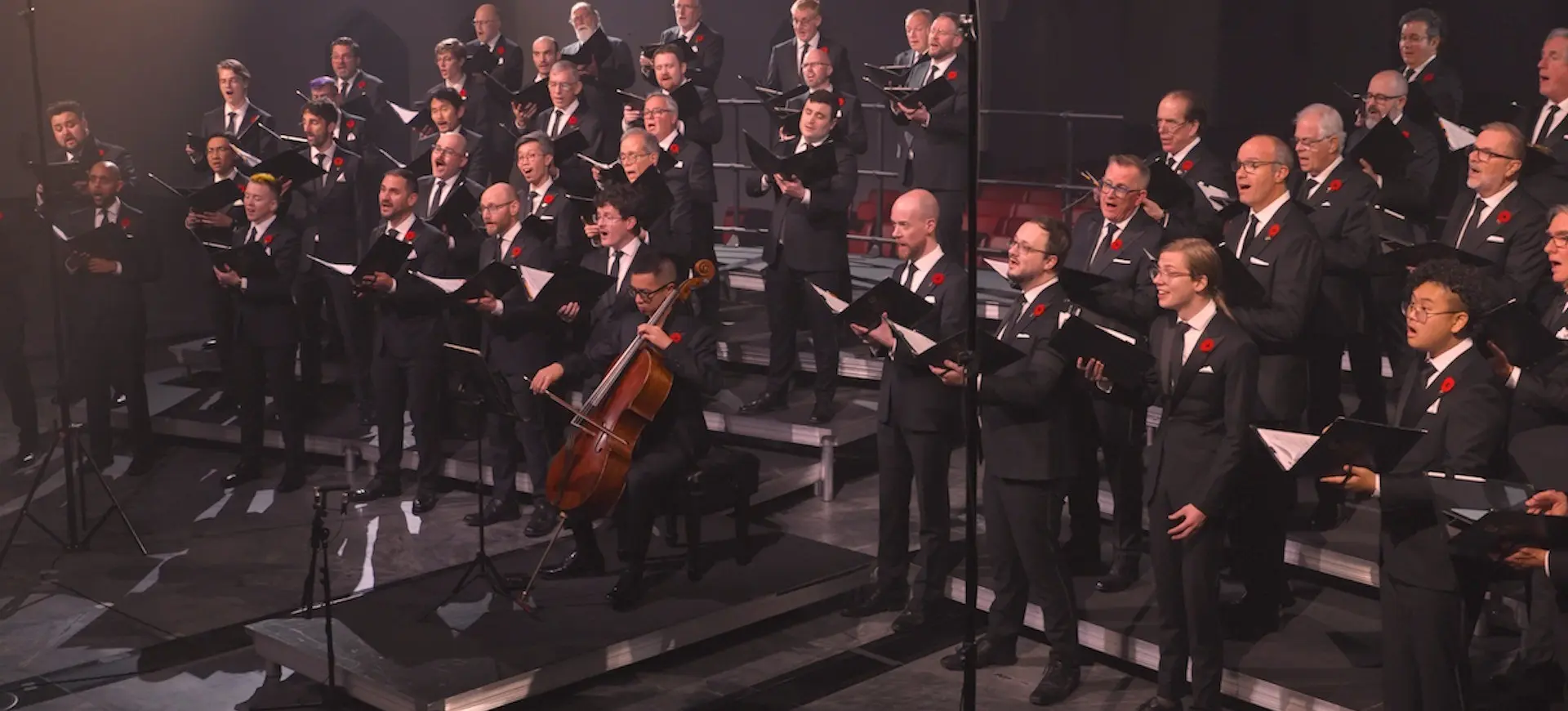 Large choir of people in black suits with red poppies singing on stage with one person playing cello.