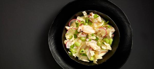 Dungeness crab, truffle custard, meyer lemon, edamame, artichoke