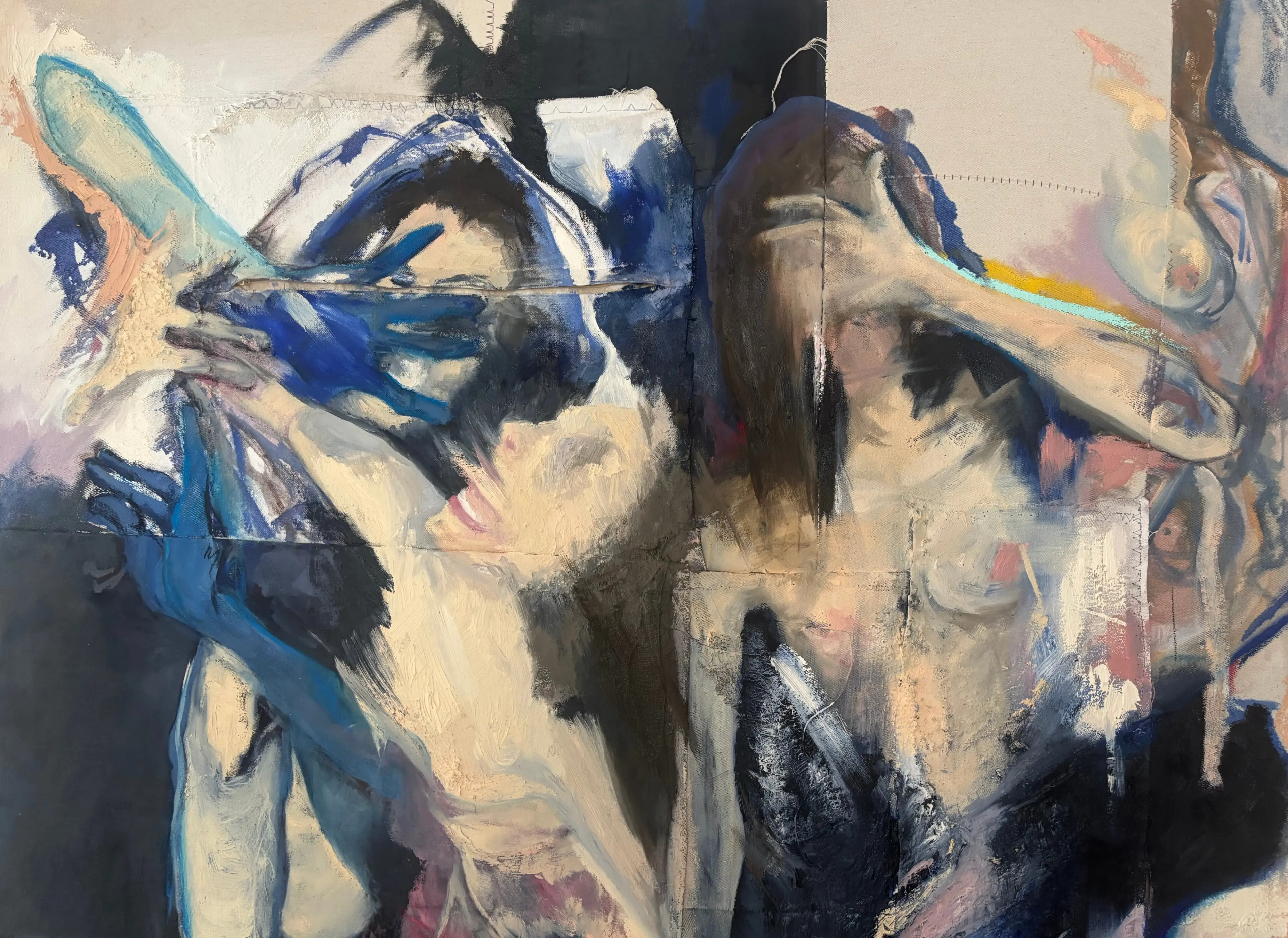 Abstract painting of two nude figures with blue hands covering their faces and bodies, blending into a dark and light background.