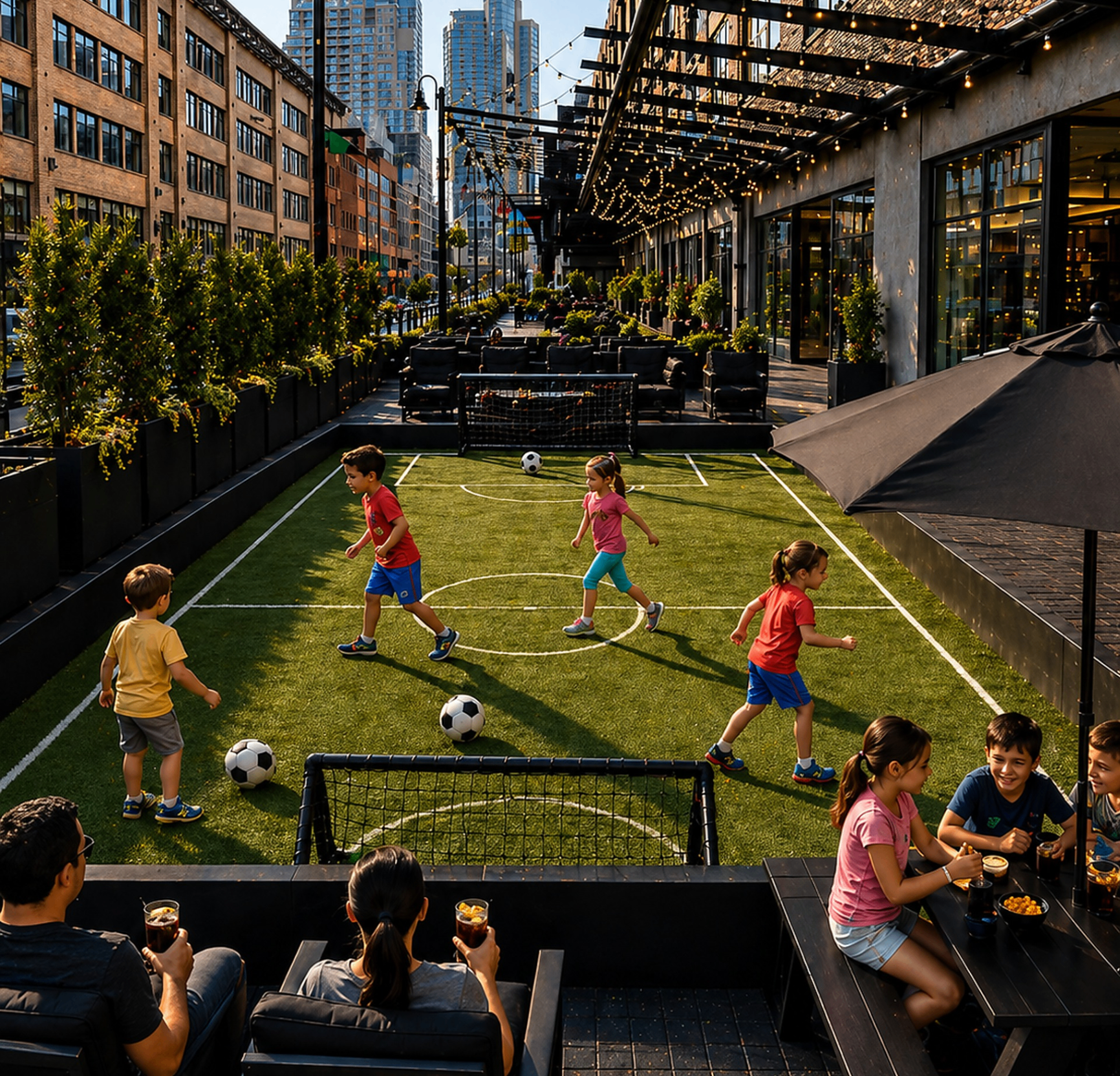 Children playing soccer on a small rooftop field while others sit at tables under string lights in an urban setting.