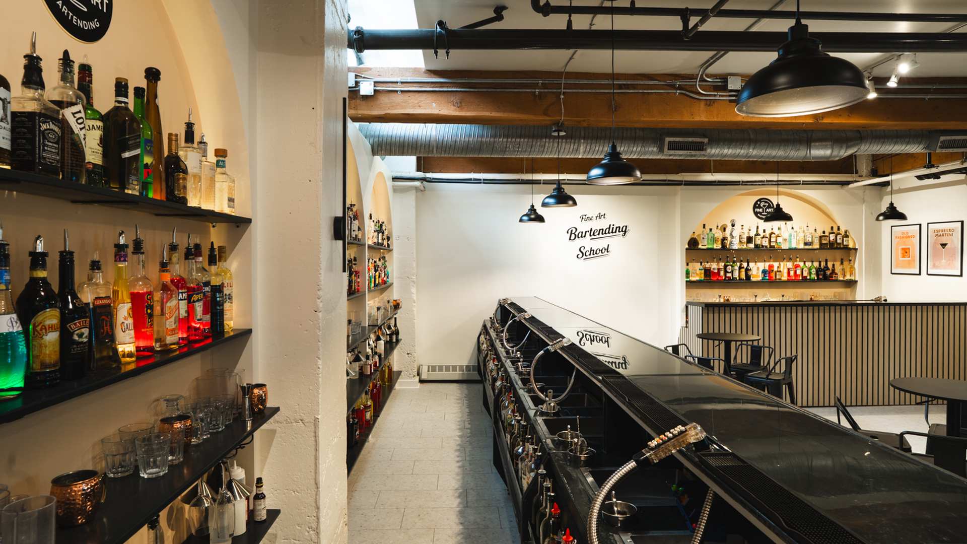 22-foot training bar at Fine Art Bartending School