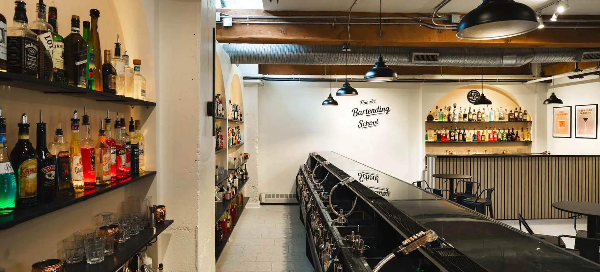 22-foot training bar at Fine Art Bartending School