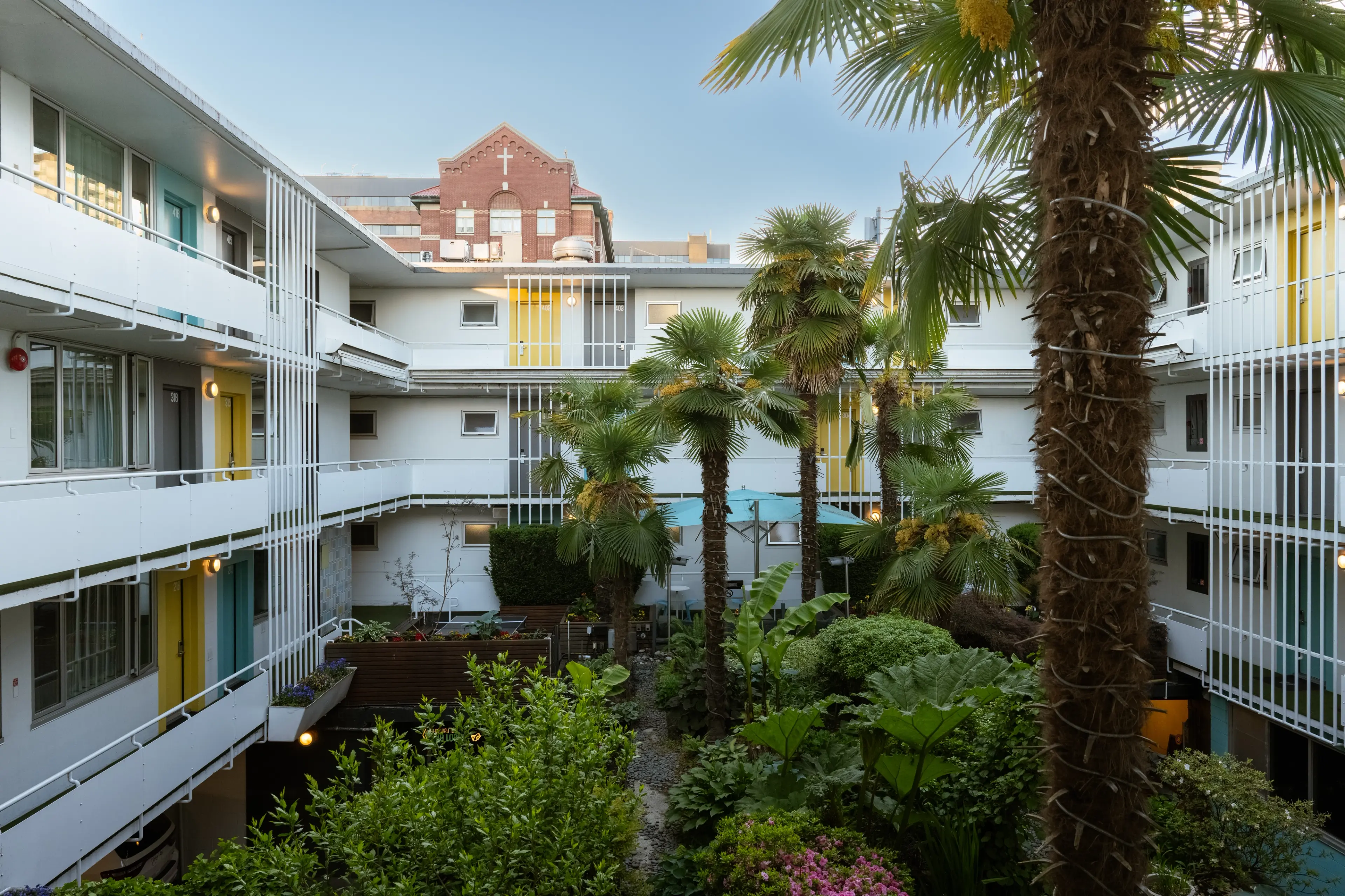 The interior courtyard at The Burrard in Vancouver with brightly painted walls and palm trees.