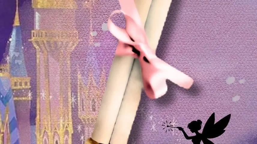 A pink ribbon tied around two rolled parchment scrolls with a silhouette of a fairy holding a wand on a purple background.