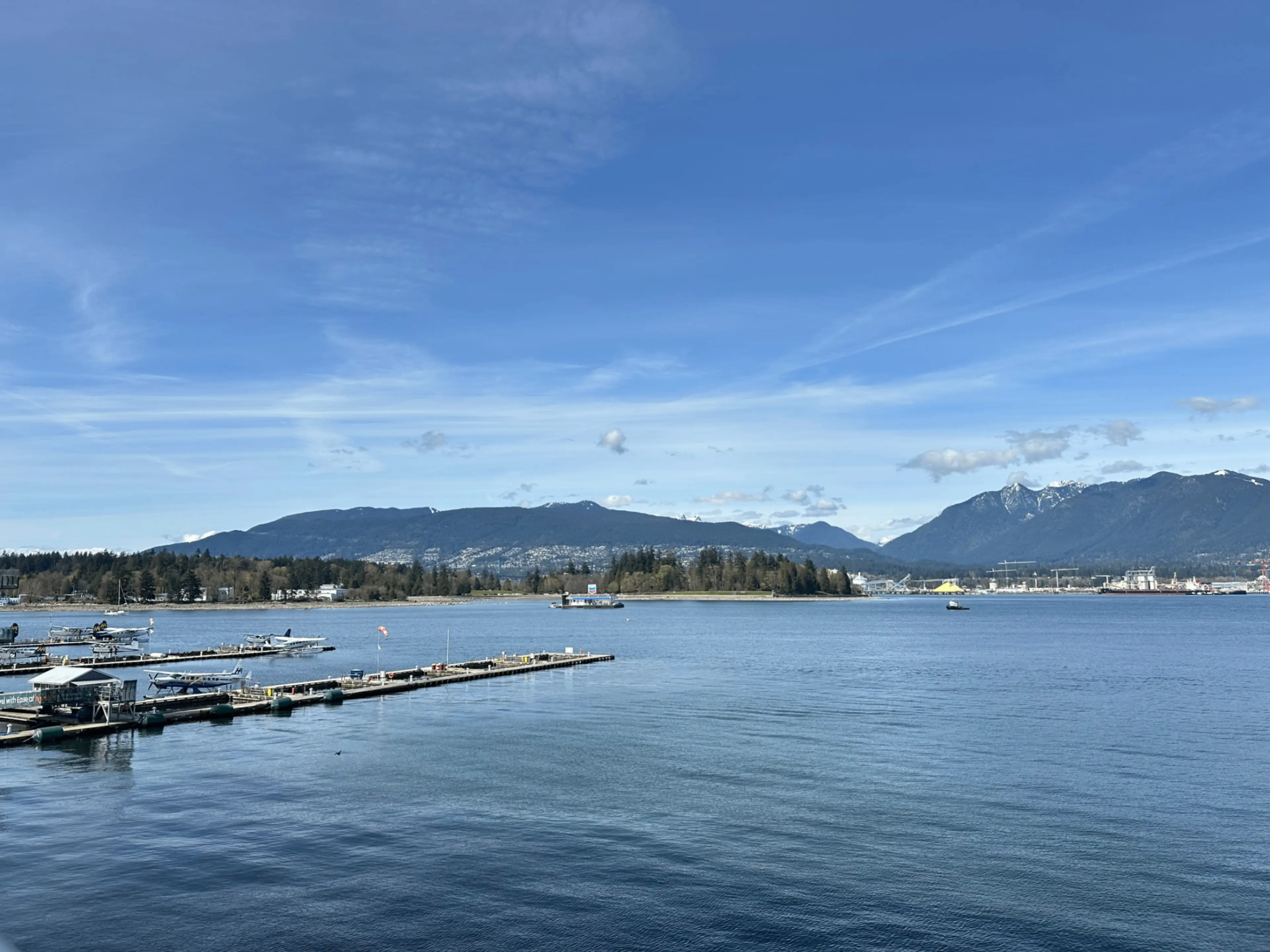 Calm water with docks and boats, forested land, and mountains under a clear blue sky.