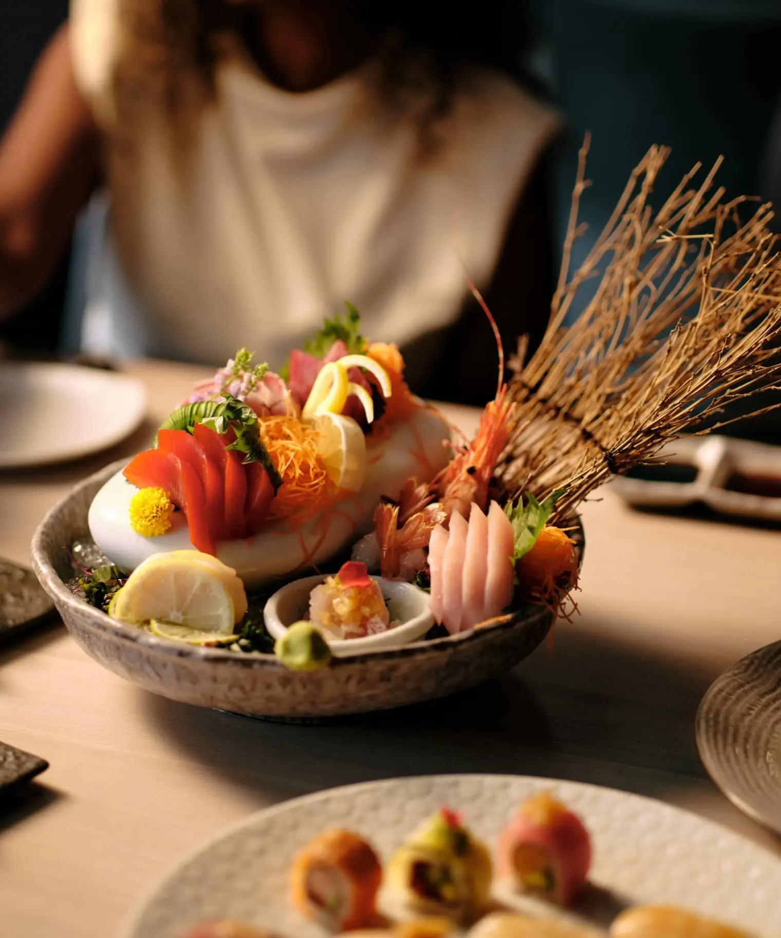 A beautifully arranged bowl of seafood